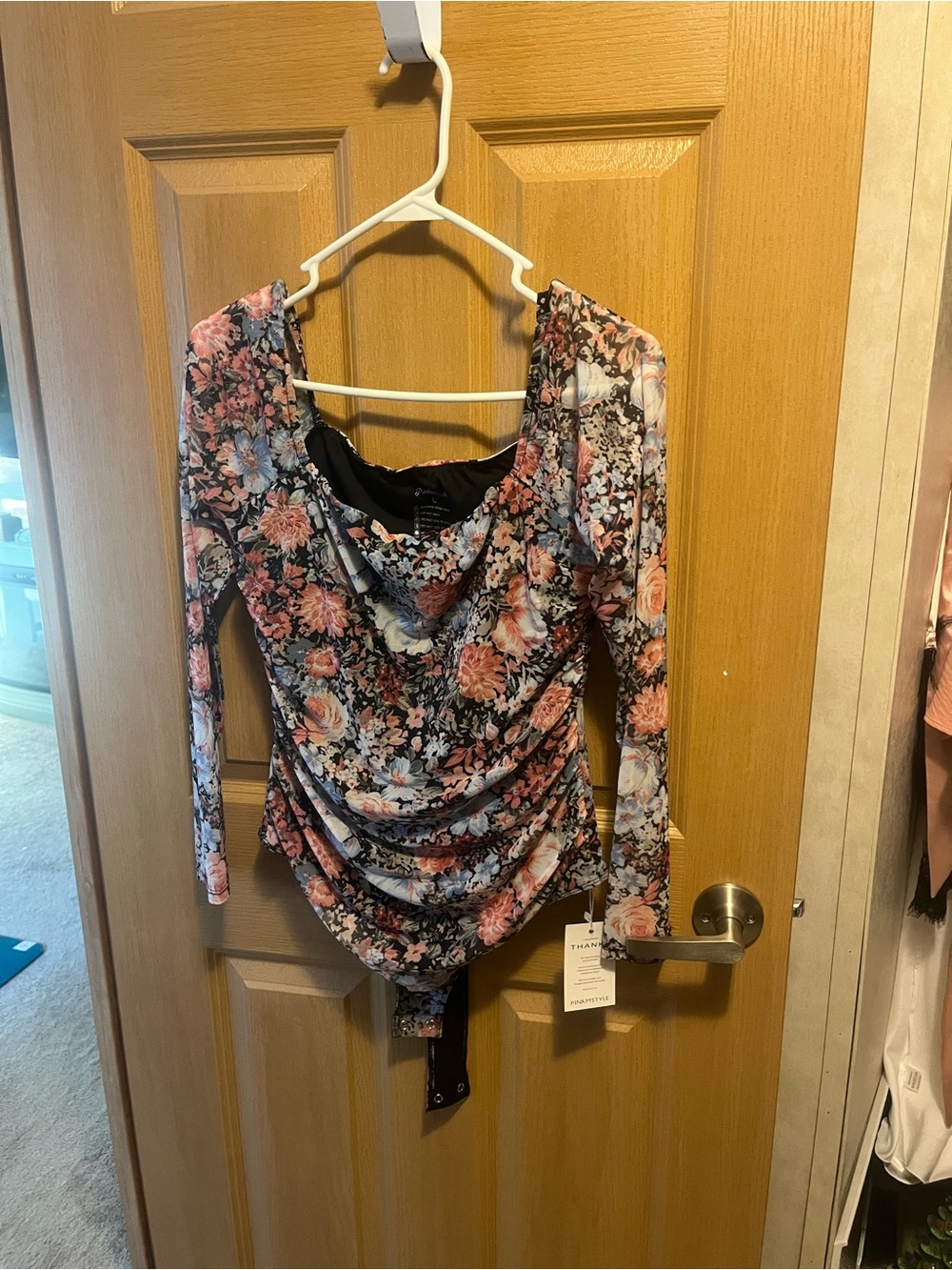 Floral Long-Sleeve Bodysuit in Pink and Blue